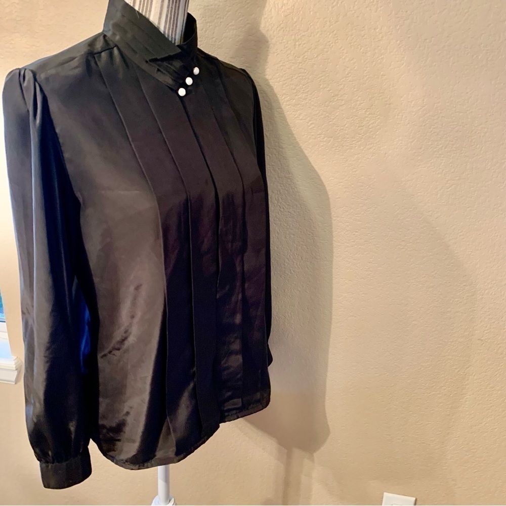 Vintage Blouse Size 8 Susan Hutton Black Satin White Buttons Long Sleeve Classy - Picture 16 of 16
